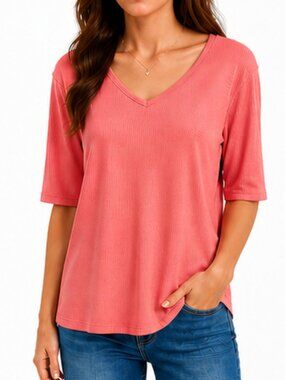 Coral V-Neck Top XL 💖 Blusa Coral Stretch Mujer 🌸✨